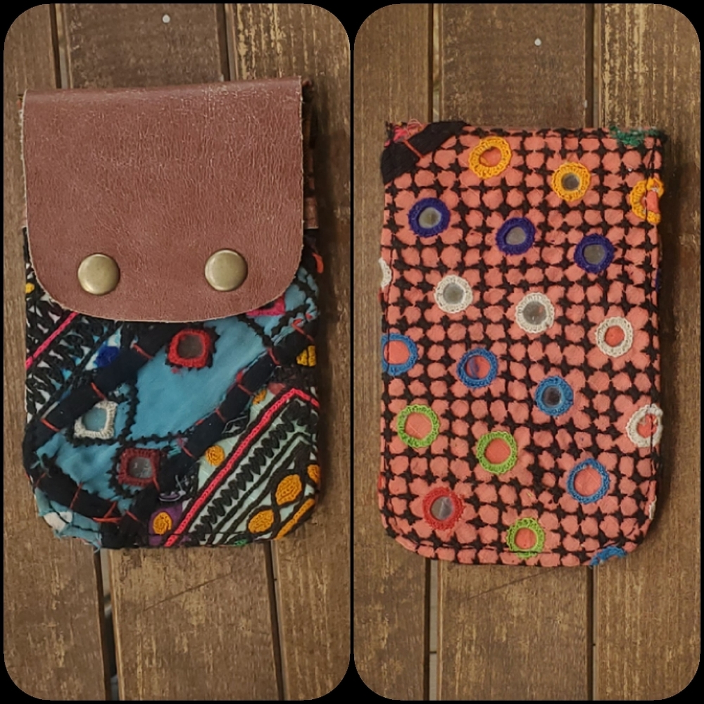 🧠🍳 Free People Boho Embroidered Repurposed vtg banjara hippie Wallet card case